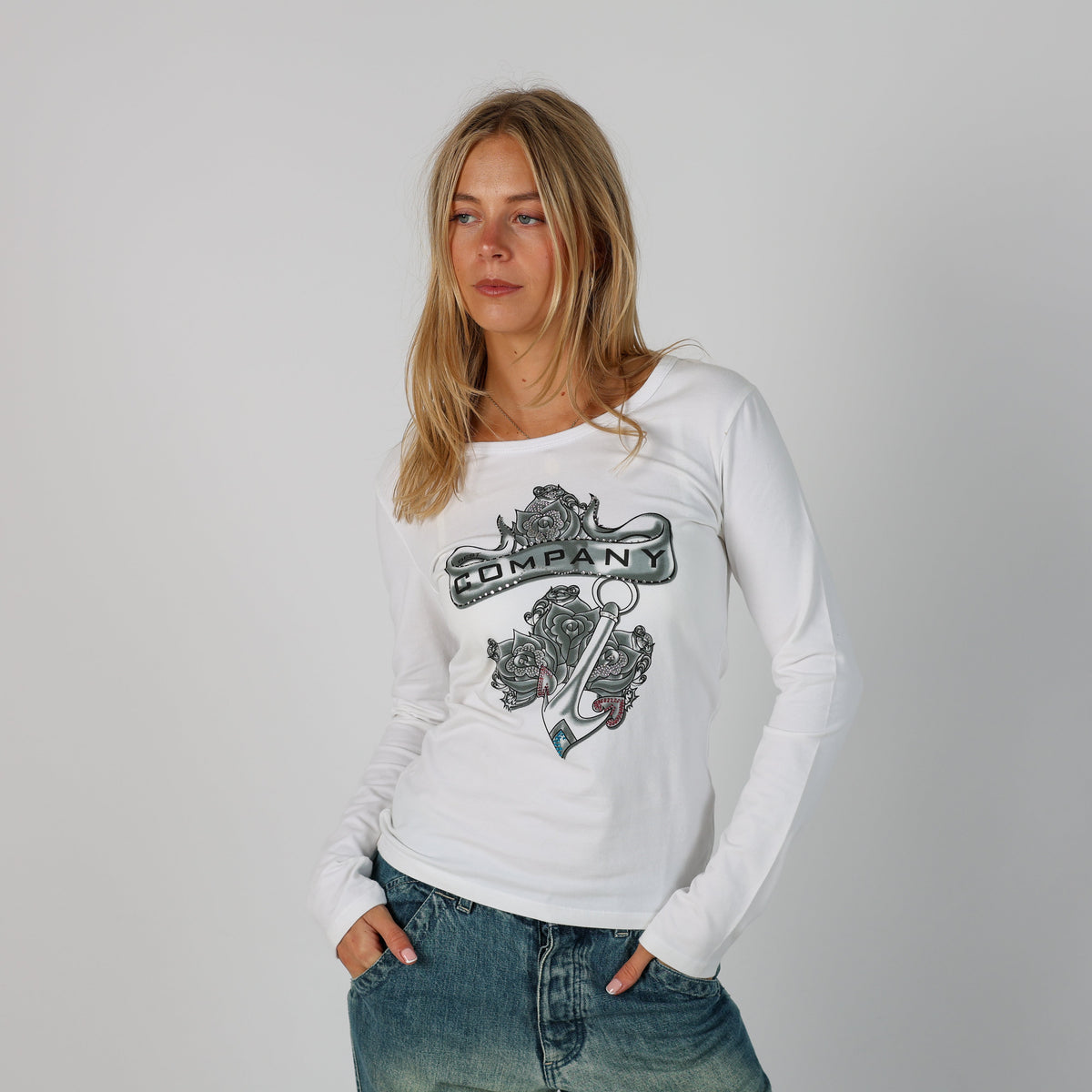 White Y2K Long Sleeve Top (S)