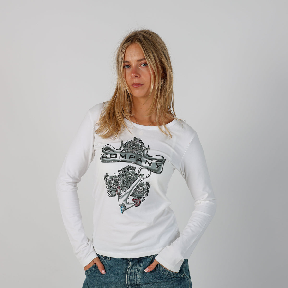 White Y2K Long Sleeve Top (S)