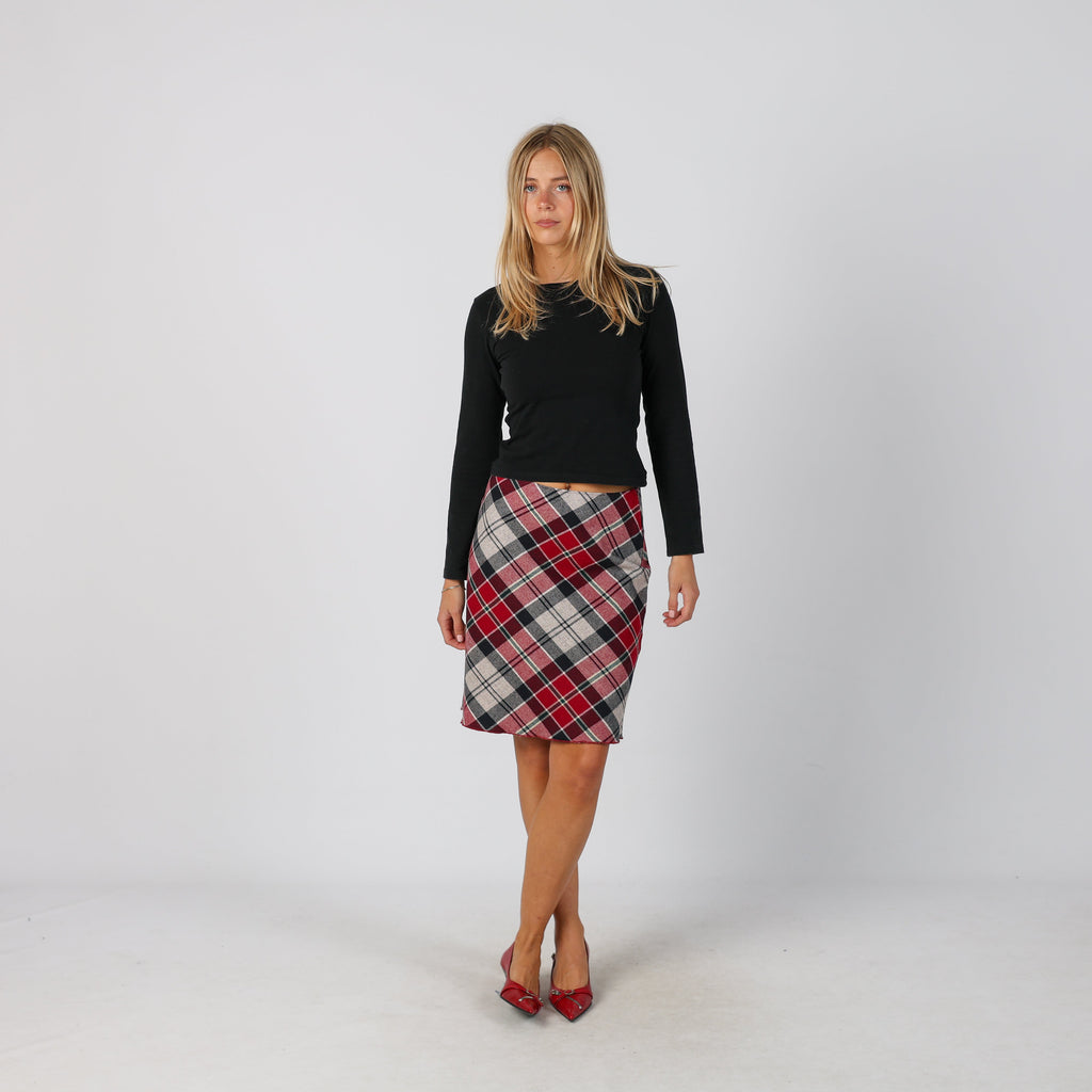 Burgundy Red Y2K Woven Midi Skirt Tartan (XS)