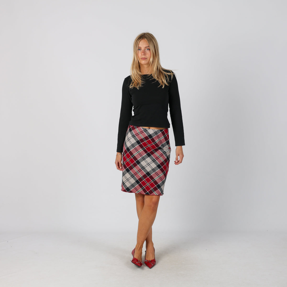 Burgundy Red Y2K Woven Midi Skirt Tartan (XS)