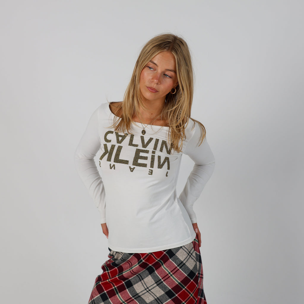 Ivory Y2K Calvin Klein Long Sleeve Top (S)