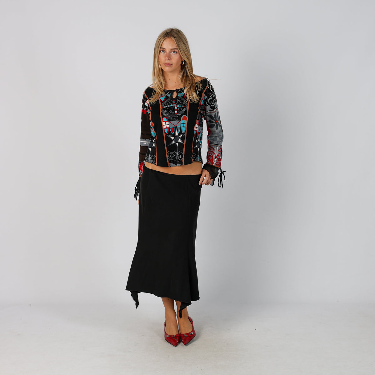 Black Y2K Coconuda Woven Midi Skirt (XS)