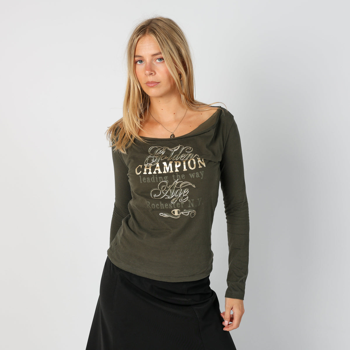 Dark Green Y2K Champion Long Sleeve Top (S)