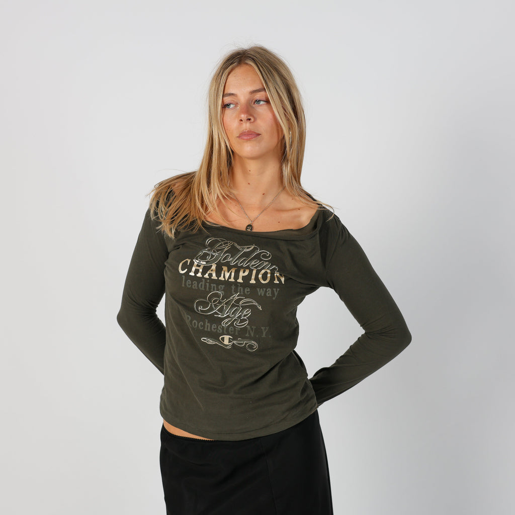 Dark Green Y2K Champion Long Sleeve Top (S)