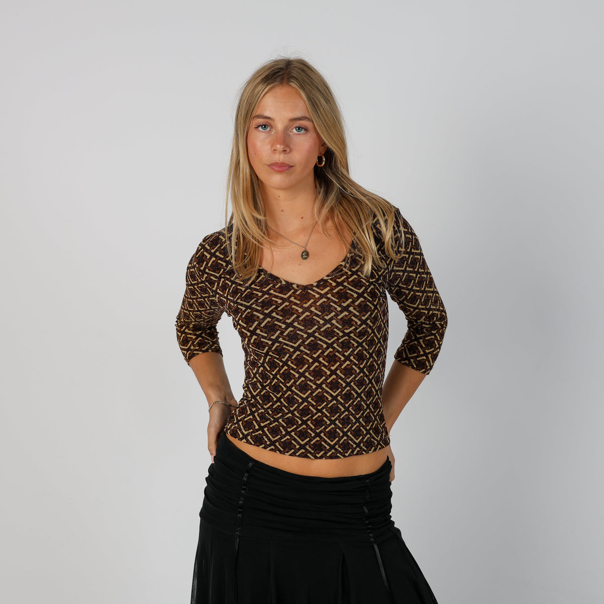 Brown Y2K Woven Top (S)