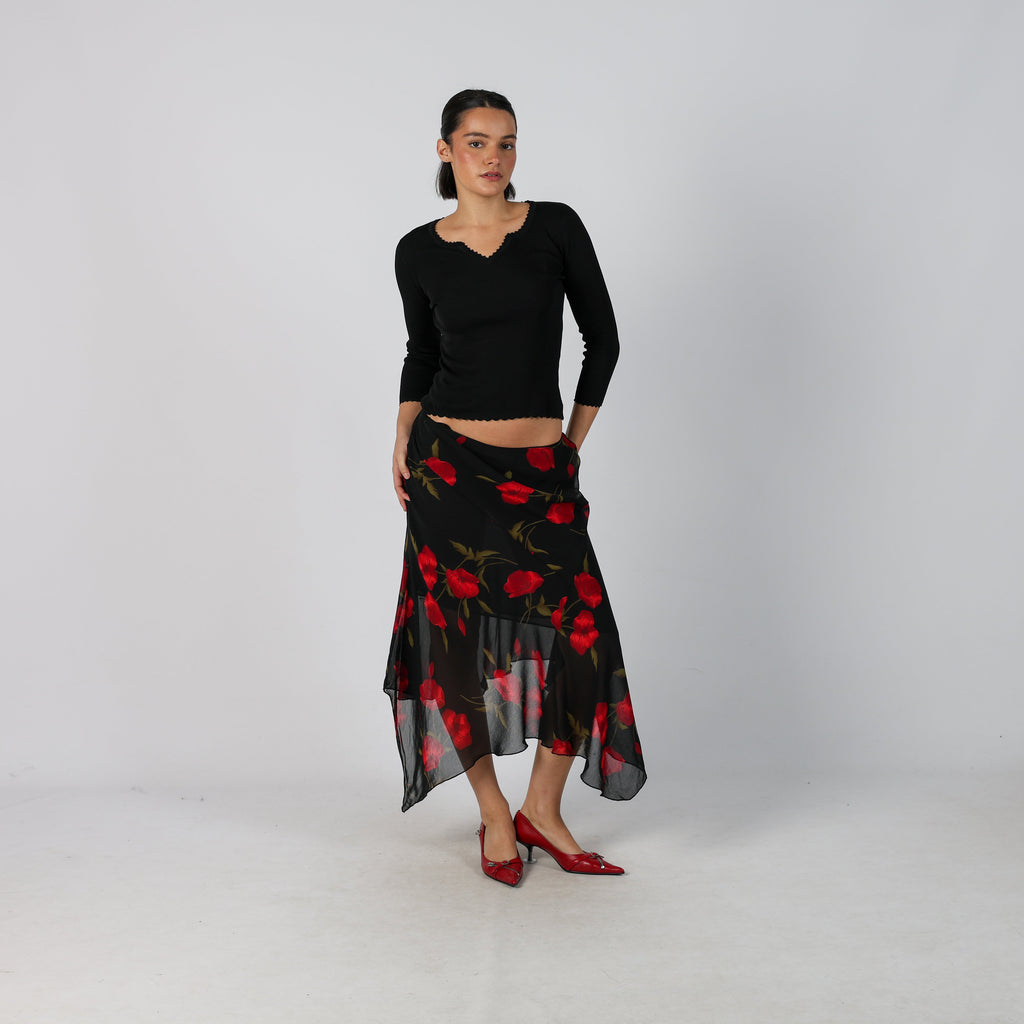 Black Y2K Coconuda Woven Midi Skirt (XXS)