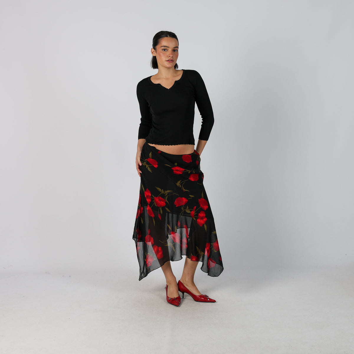 Black Y2K Coconuda Woven Midi Skirt (XXS)