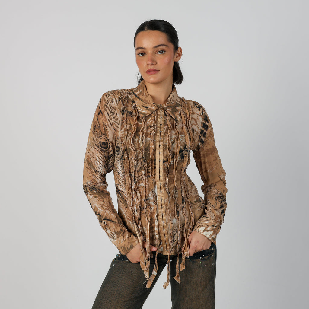 Tan Y2K Comma Blouse Sheer (S)