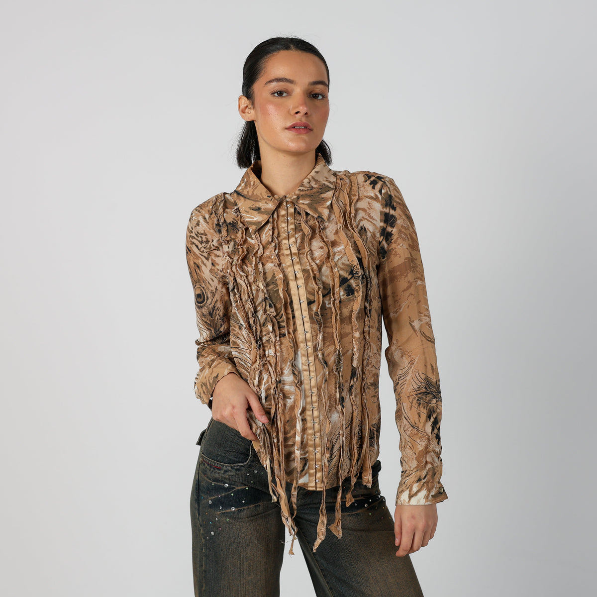 Tan Y2K Comma Blouse Sheer (S)