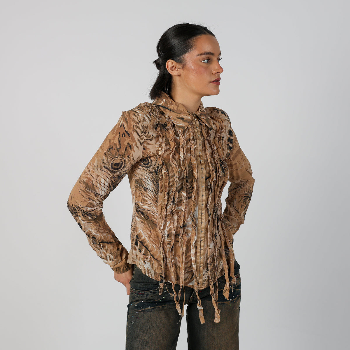 Tan Y2K Comma Blouse Sheer (S)