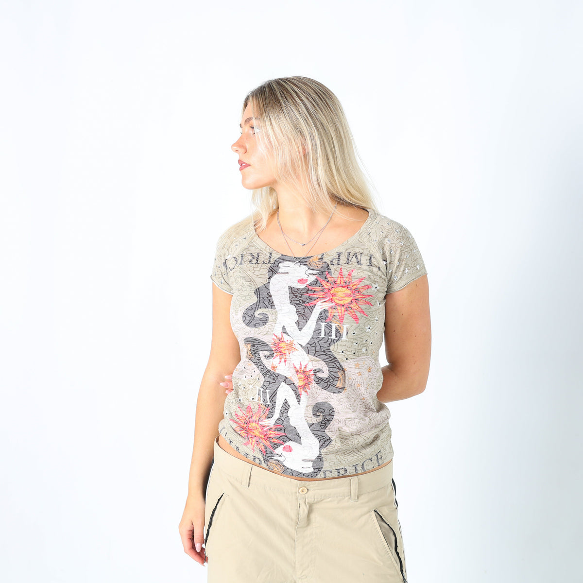 Khaki Green Y2K Custo Barcelona T-shirt Studded (M)