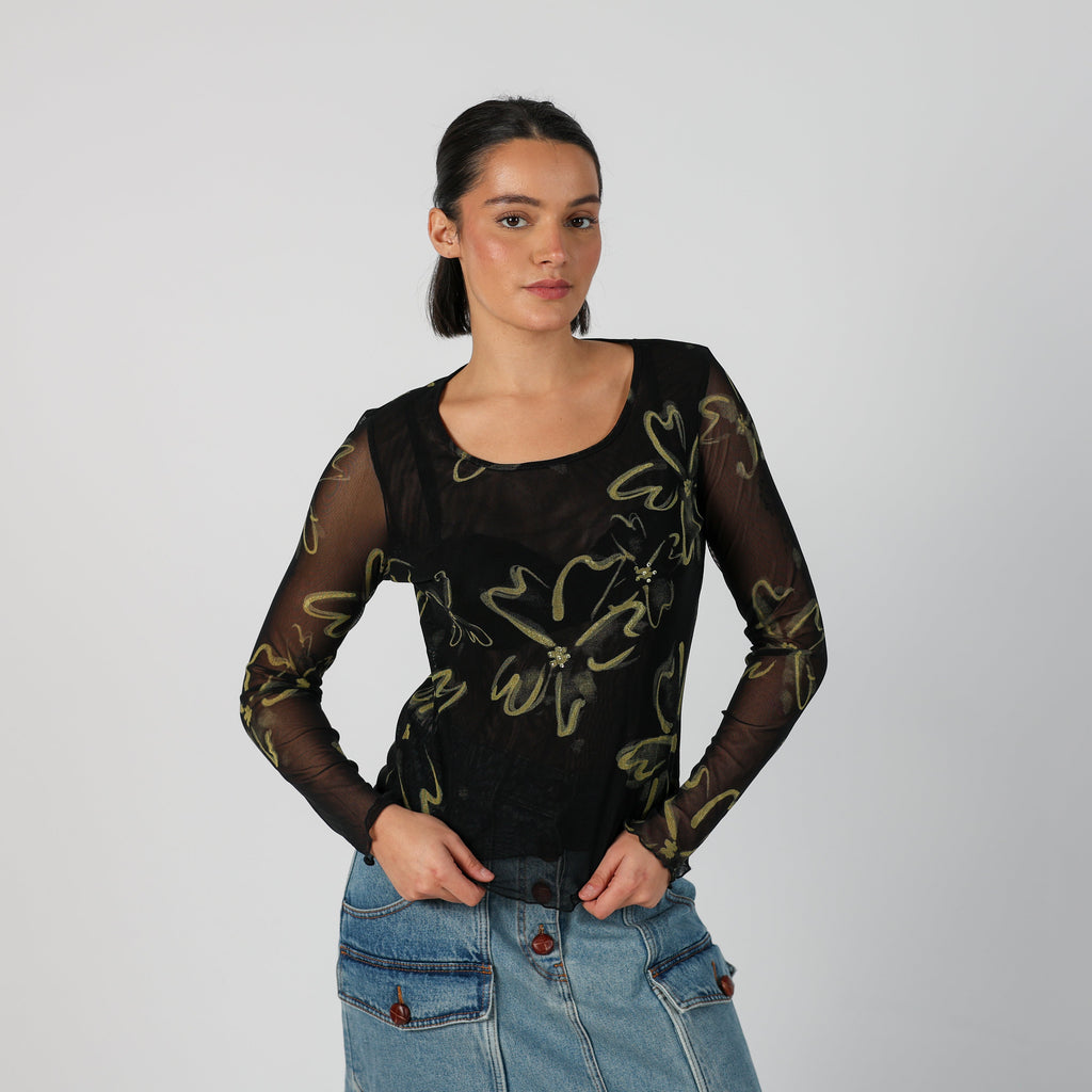 Black Y2K AndreaMare Long Sleeve Top Semi Sheer (S)