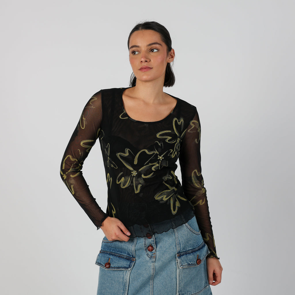Black Y2K AndreaMare Long Sleeve Top Semi Sheer (S)