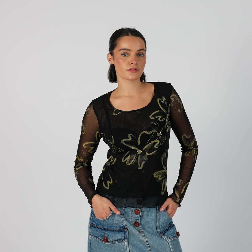 Black Y2K AndreaMare Long Sleeve Top Semi Sheer (S)