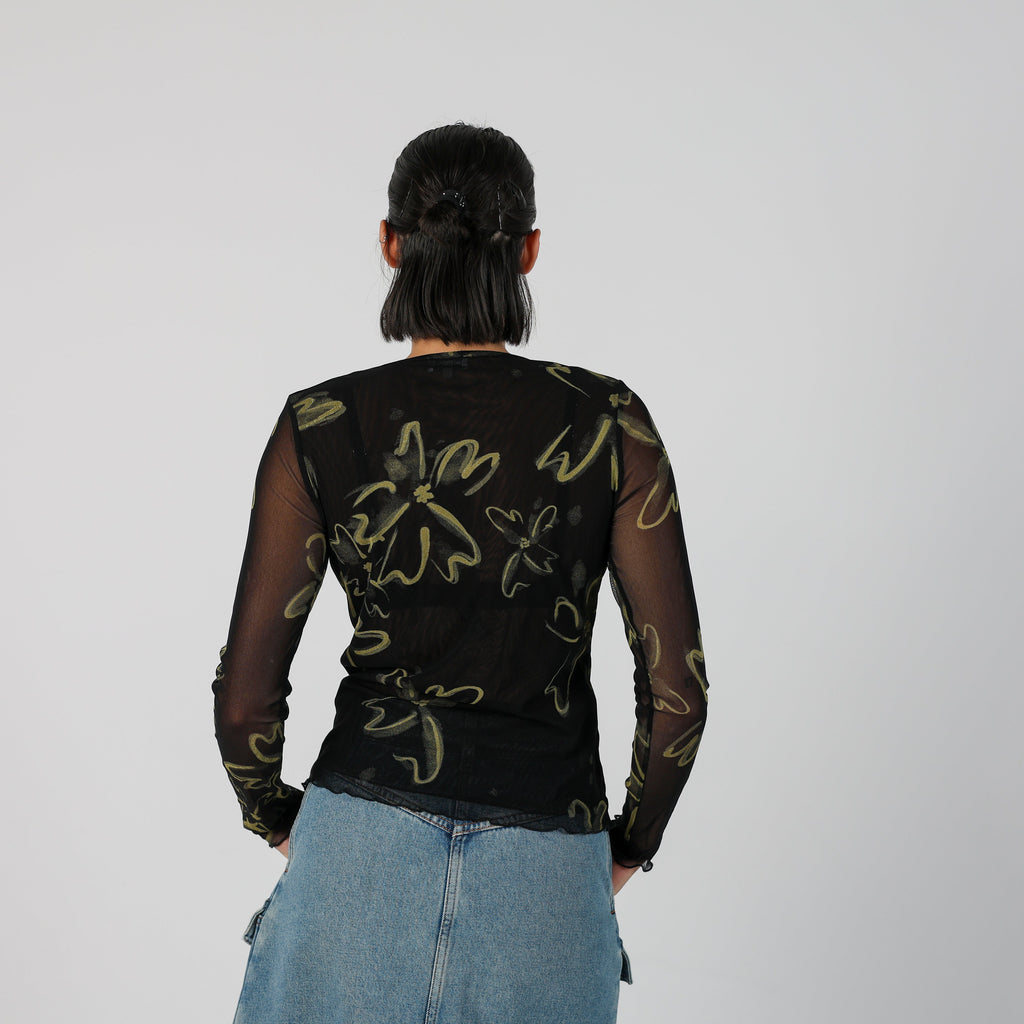 Black Y2K AndreaMare Long Sleeve Top Semi Sheer (S)