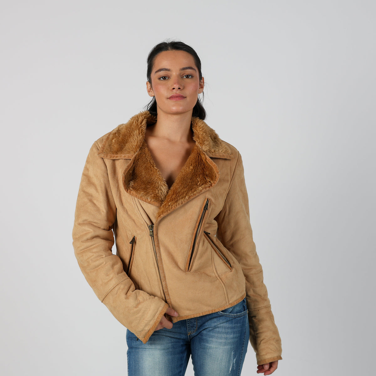Tan Y2K Made in Italy Aviator Jacket Leather (M)