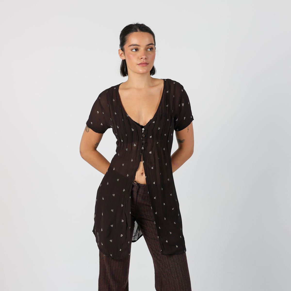 Brown Y2K Woven Top (S)