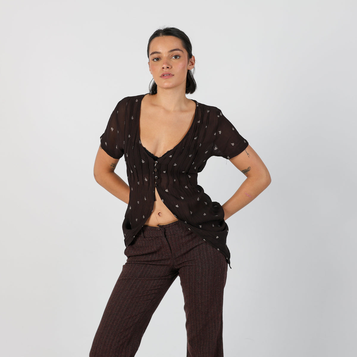 Brown Y2K Woven Top (S)