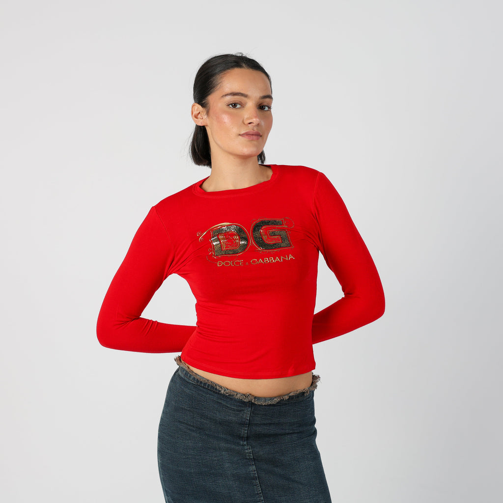 Red Y2K Dolce & Gabbana Long Sleeve Top (XS)