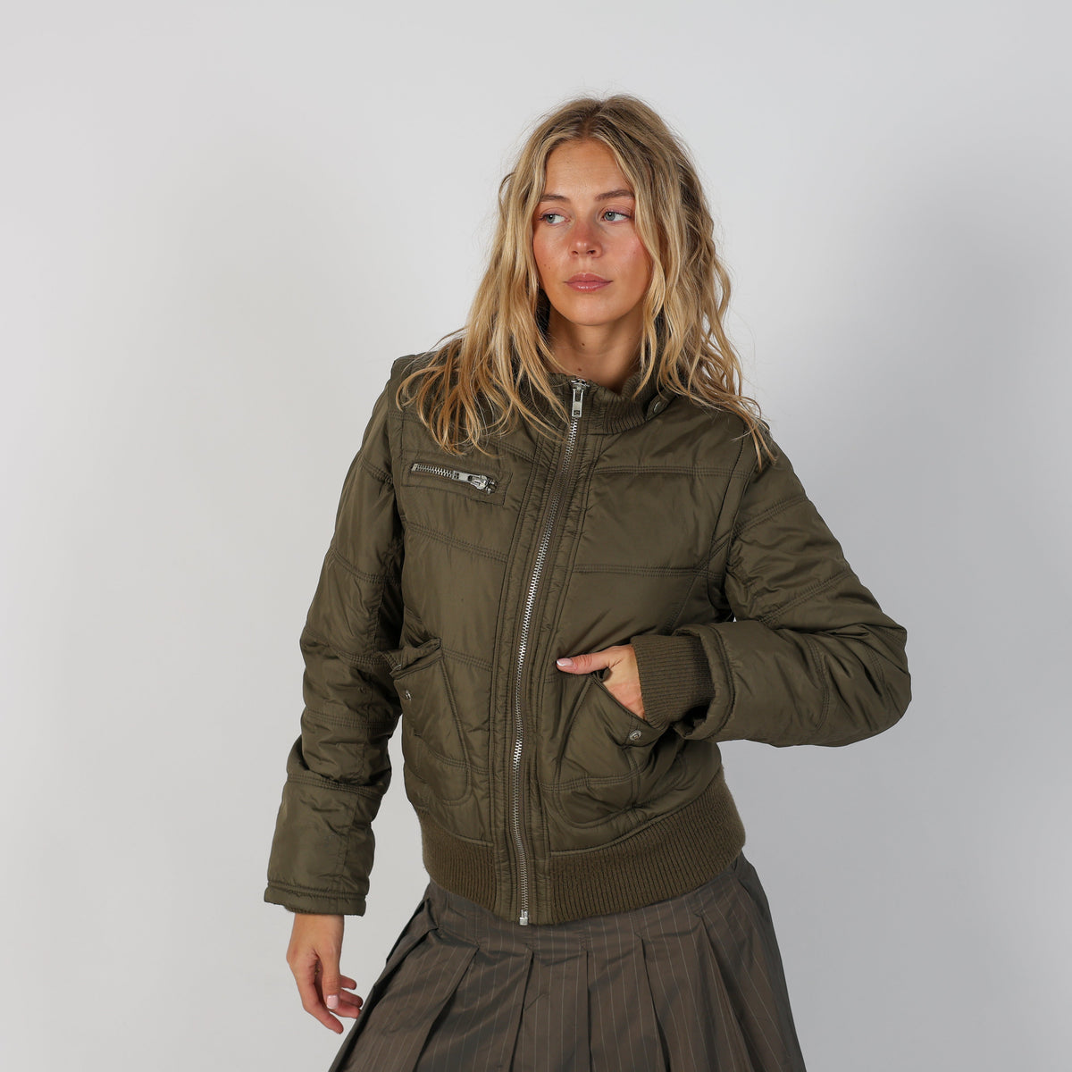 Dark Green Y2K Melrose Puffer Jacket Corsetted back (M)