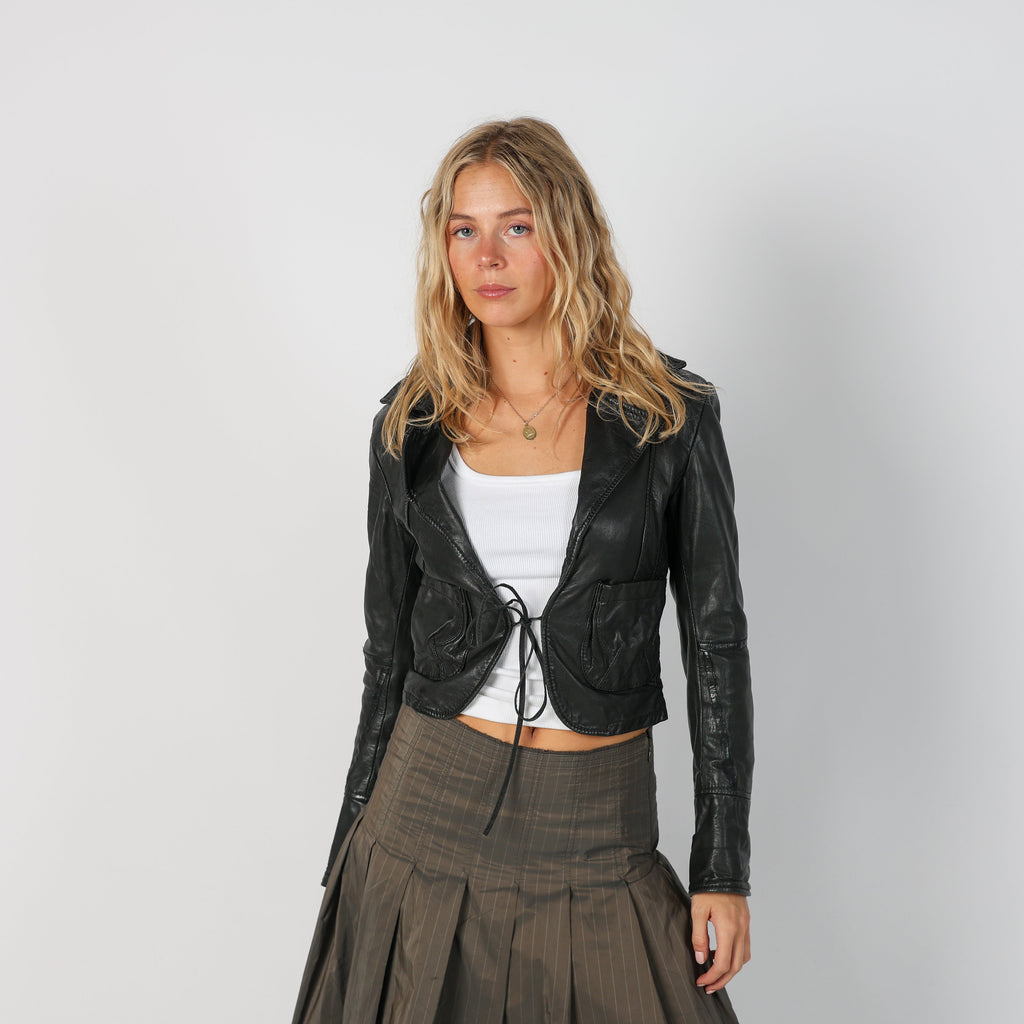 Black Y2K Leather Jacket Tie front (S)