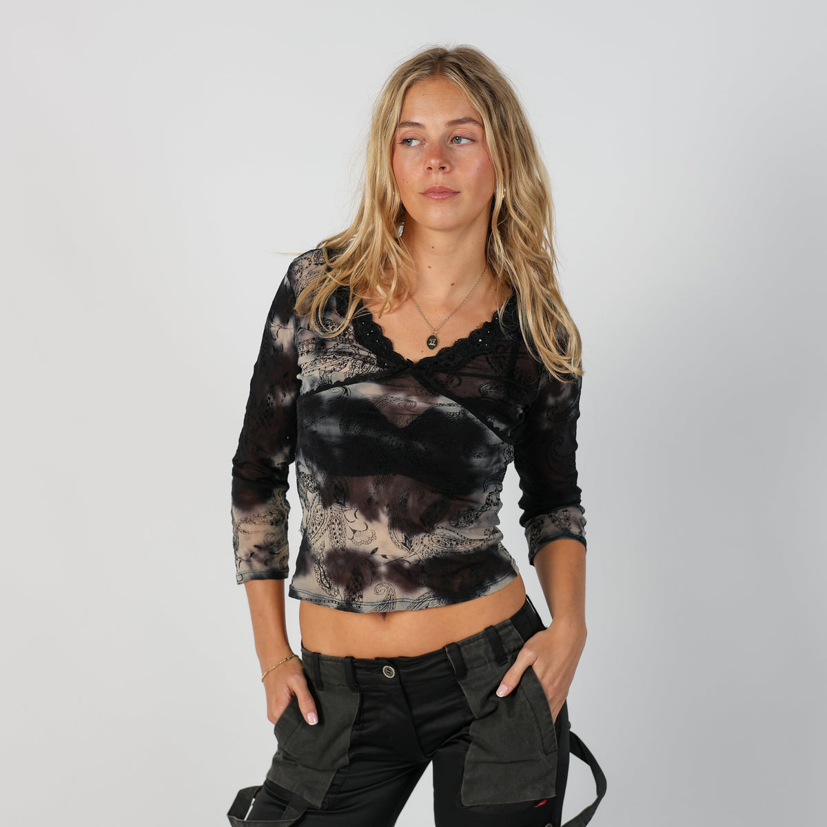 Black Y2K Promod Mesh Top Semi-sheer (XS)