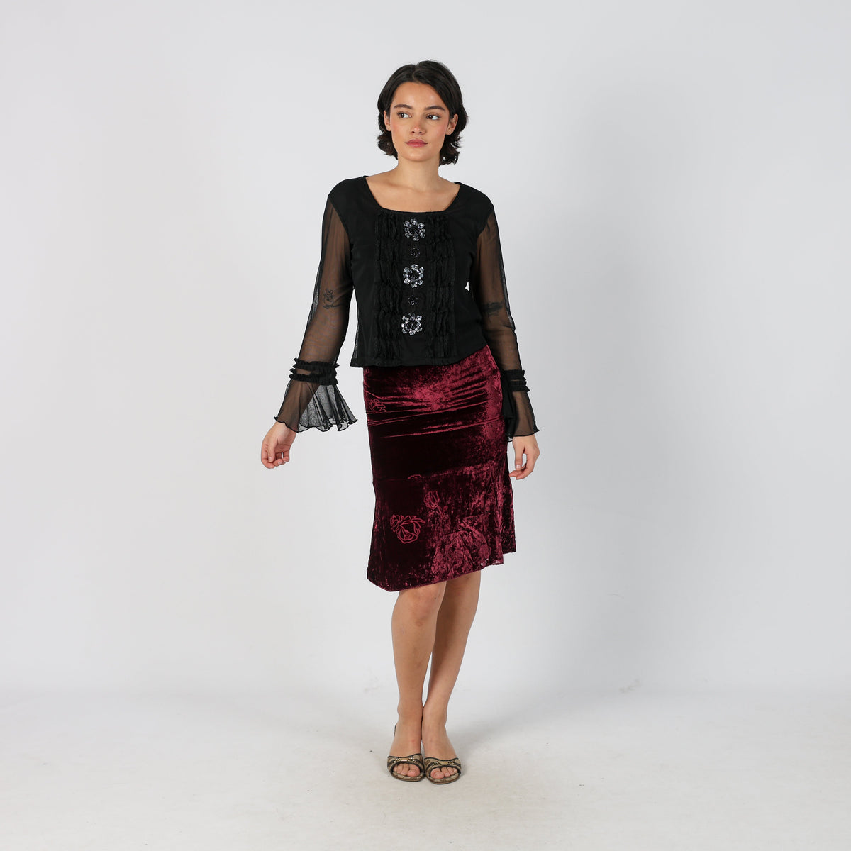 Burgundy Red Y2K Woven Midi Skirt (XS)