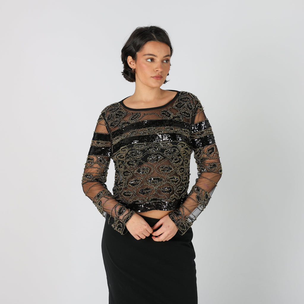 Black Y2K Wiya Long Sleeve Top Beaded (M)