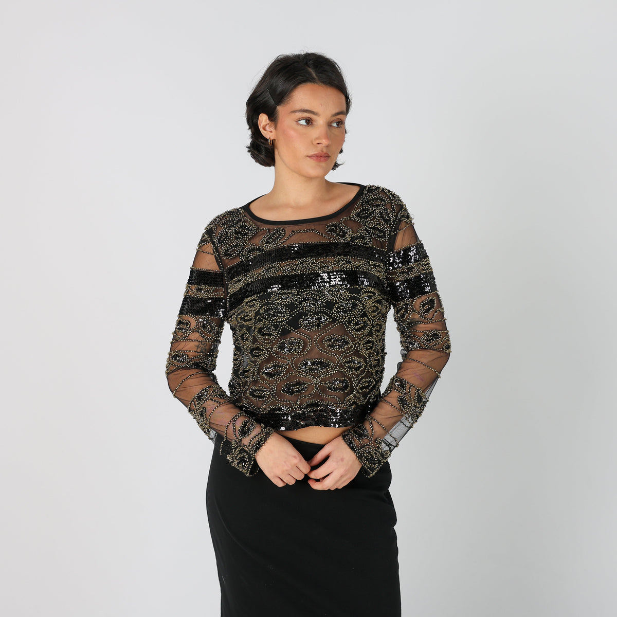 Black Y2K Wiya Long Sleeve Top Beaded (M)