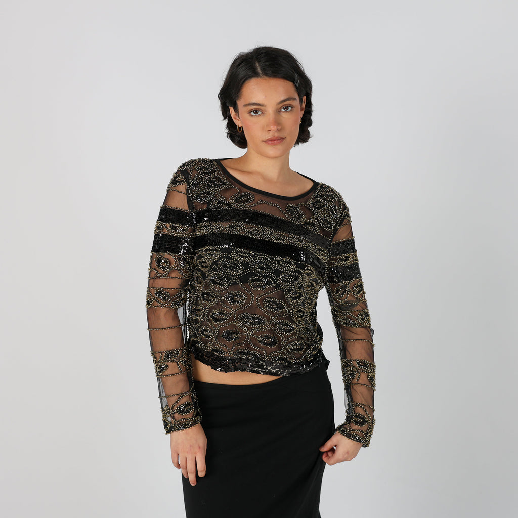 Black Y2K Wiya Long Sleeve Top Beaded (M)