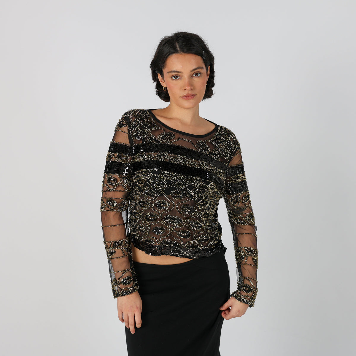 Black Y2K Wiya Long Sleeve Top Beaded (M)