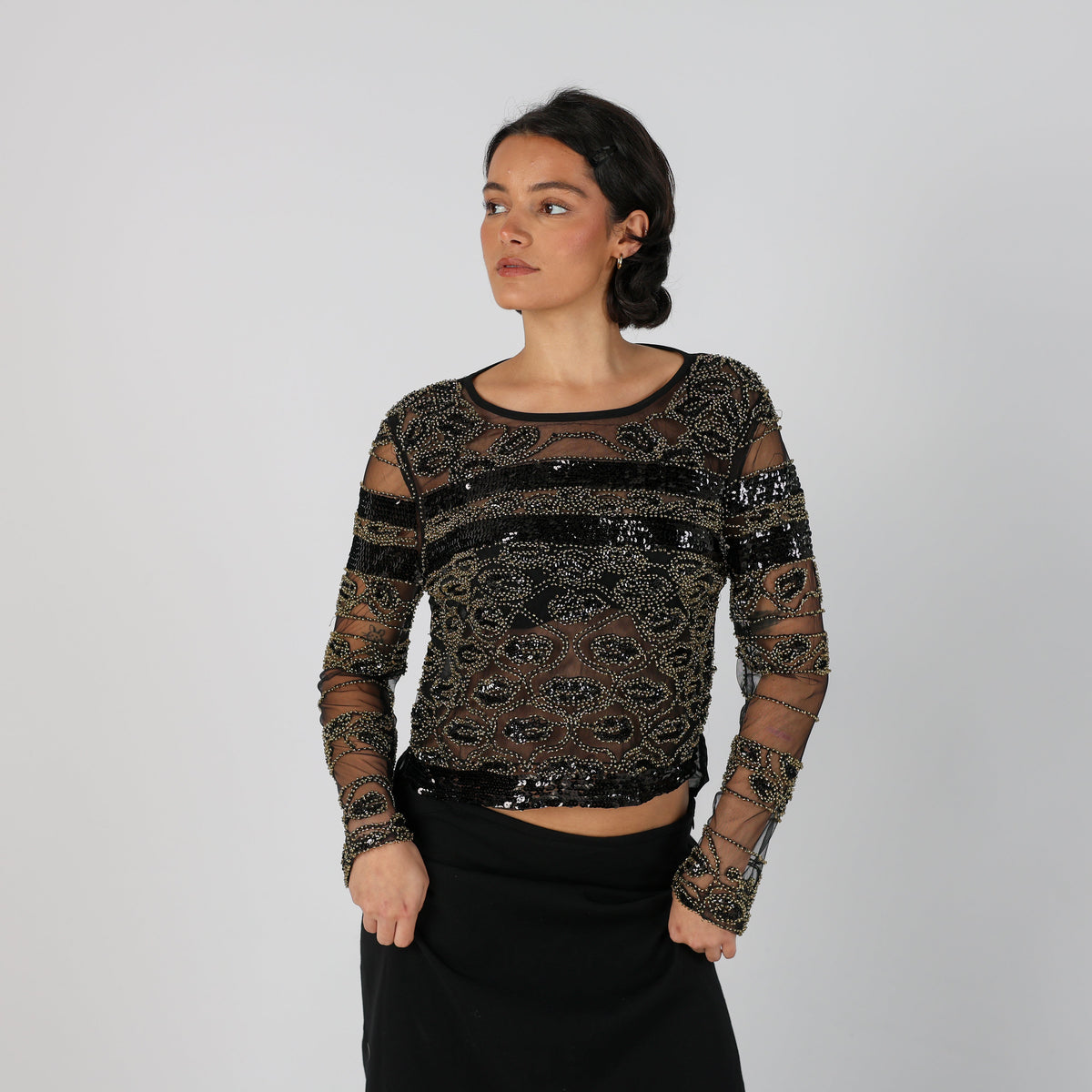 Black Y2K Wiya Long Sleeve Top Beaded (M)