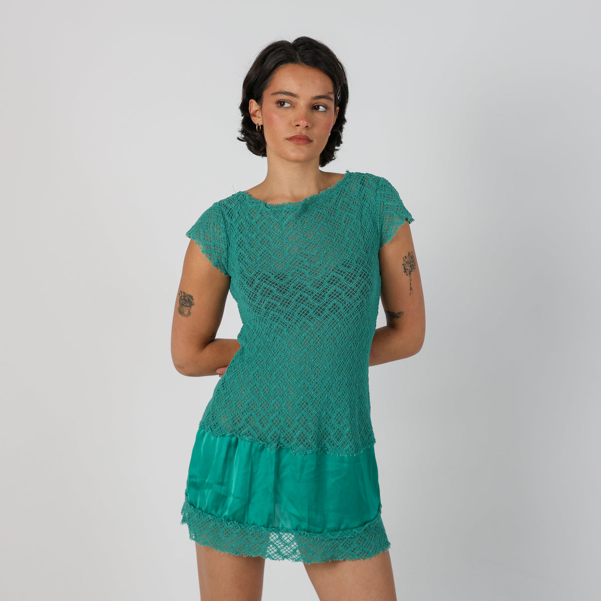 Light Green Y2K Lace Mini Dress (S)