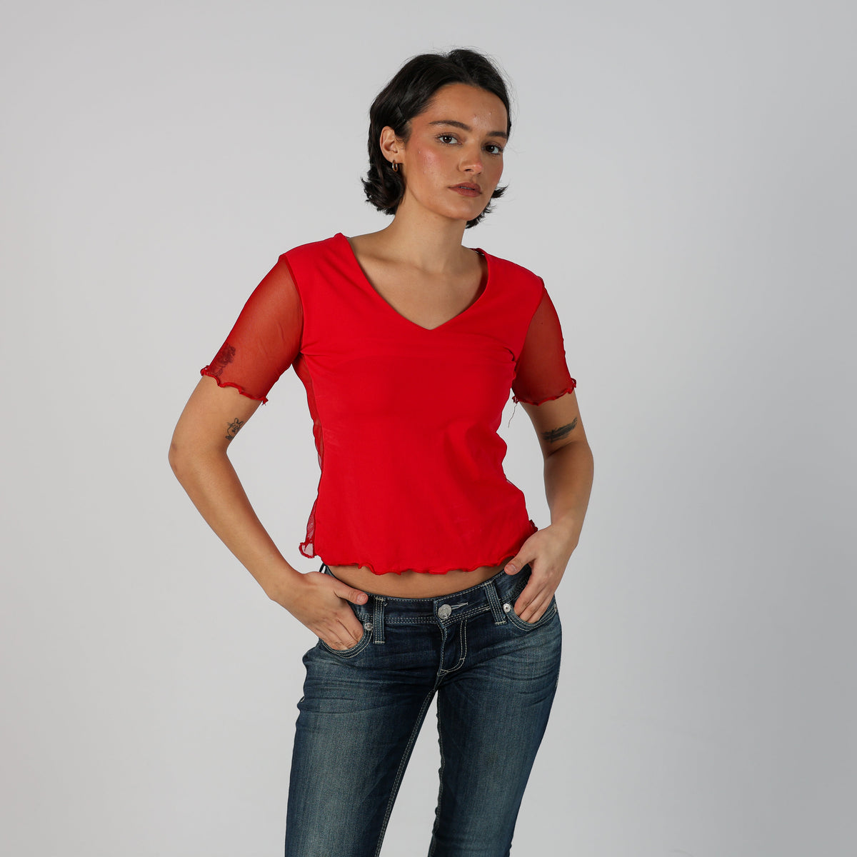 Red Y2K Woven Top Semi-sheer (S)