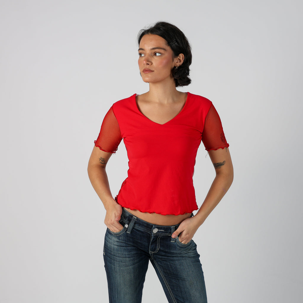 Red Y2K Woven Top Semi-sheer (S)