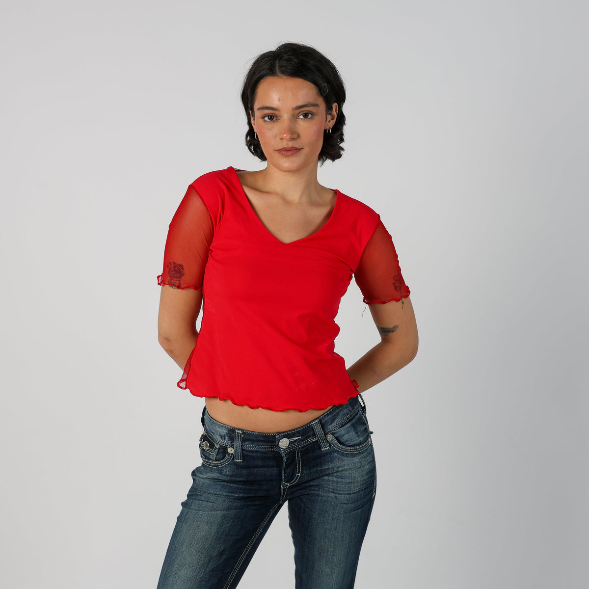 Red Y2K Woven Top Semi-sheer (S)