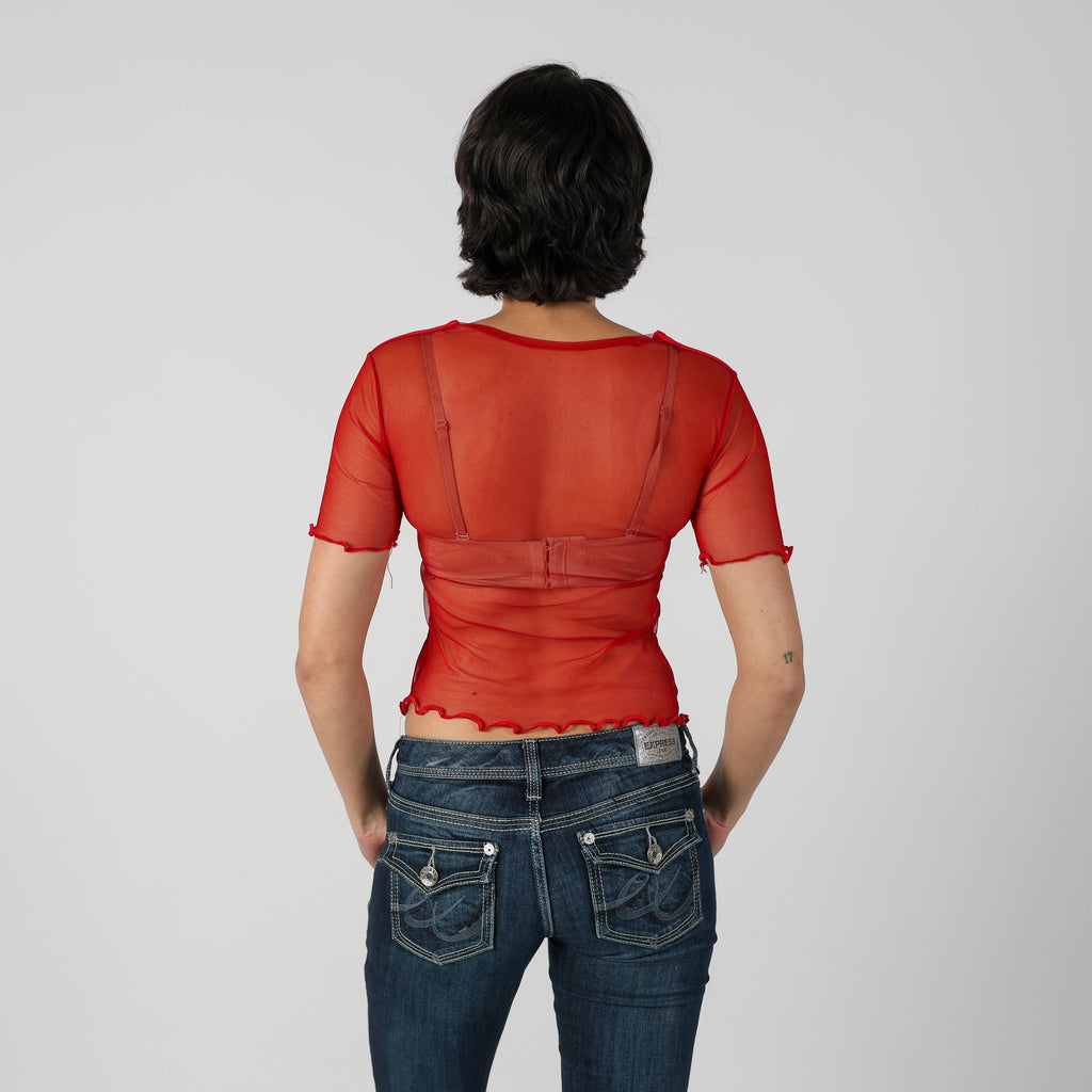 Red Y2K Woven Top Semi-sheer (S)