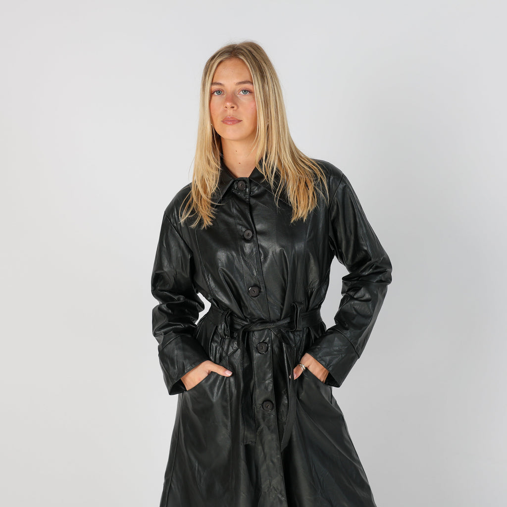 Black Y2K Trench Coat Faux Leather (M)