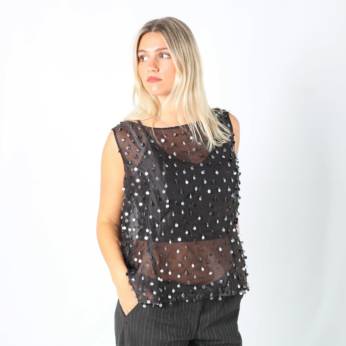 Black Y2K Cami Sheer Sequin (L)