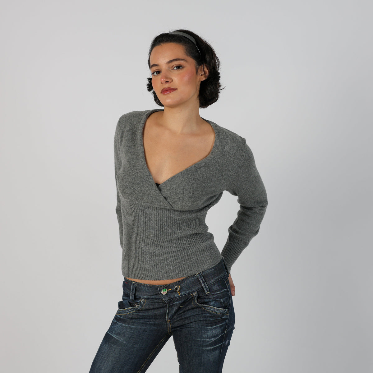Grey Y2K Sisley Knitted Top (S)