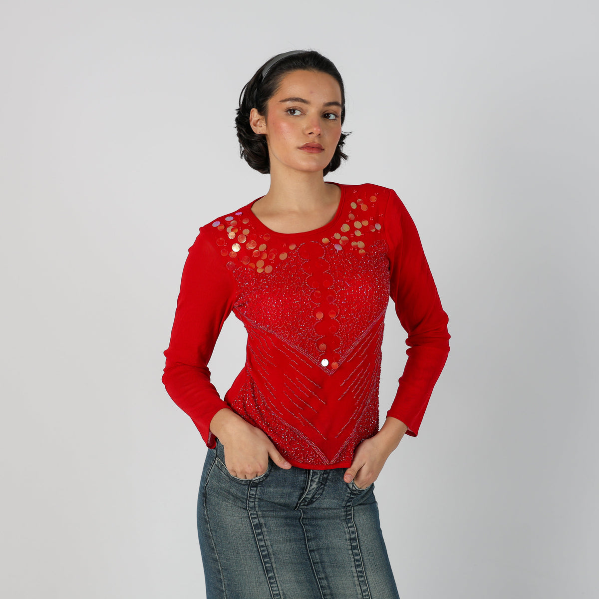 Red Y2K Long Sleeve Top Sequin (S)