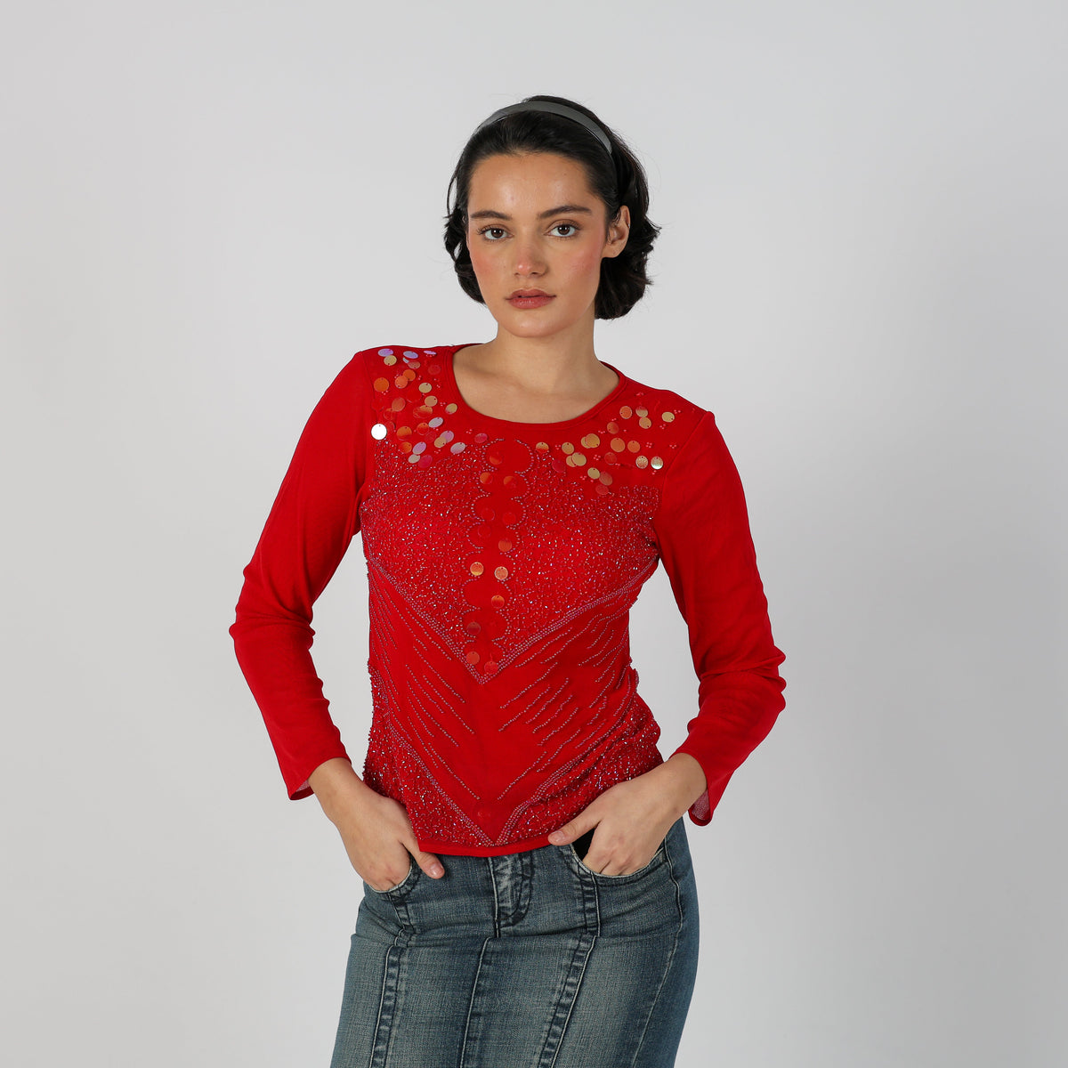Red Y2K Long Sleeve Top Sequin (S)