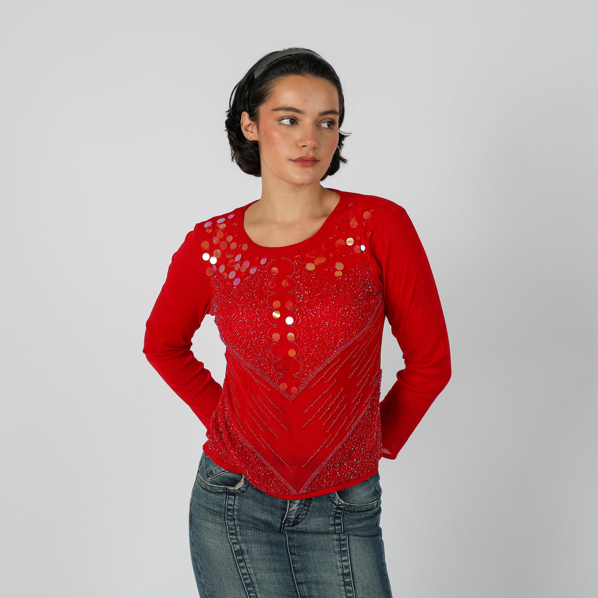 Red Y2K Long Sleeve Top Sequin (S)