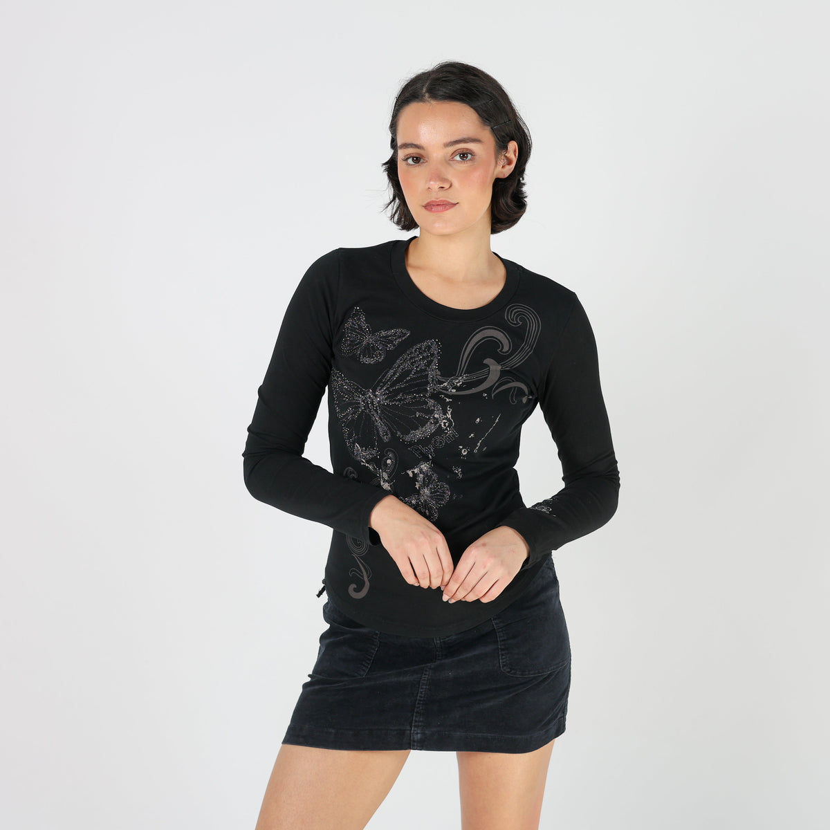 Black Y2K Fly Girl Long Sleeve Top (S)
