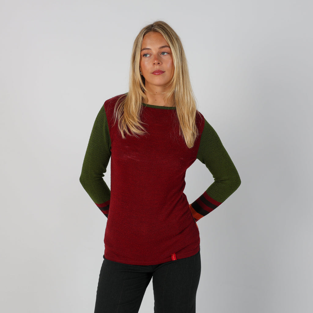 Burgundy Red Y2K Rifle Jeans Long Sleeve Top fine knit (S)