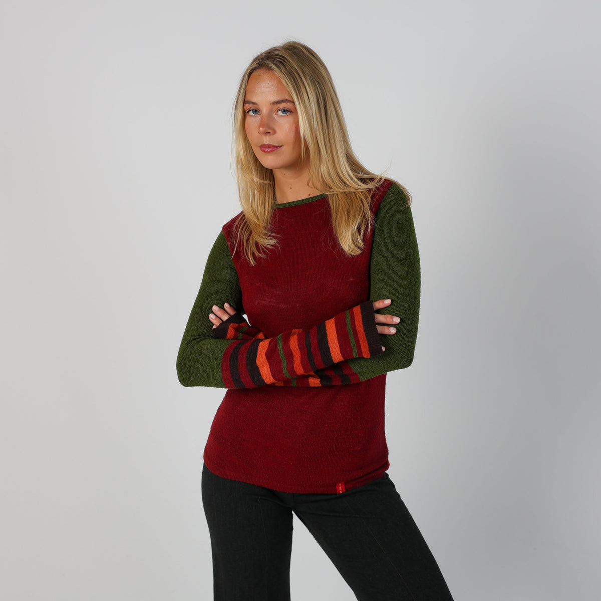 Burgundy Red Y2K Rifle Jeans Long Sleeve Top fine knit (S)