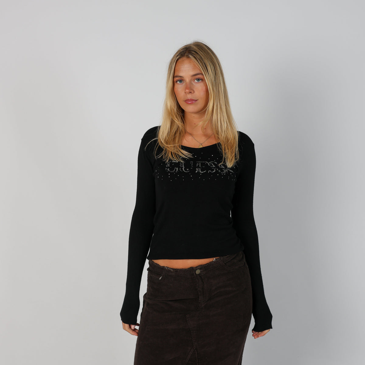 Black Y2K Guess Long Sleeve Top (S)