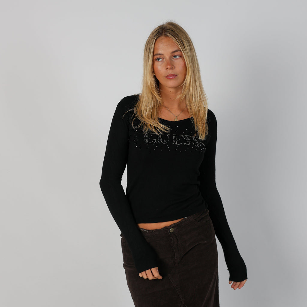 Black Y2K Guess Long Sleeve Top (S)