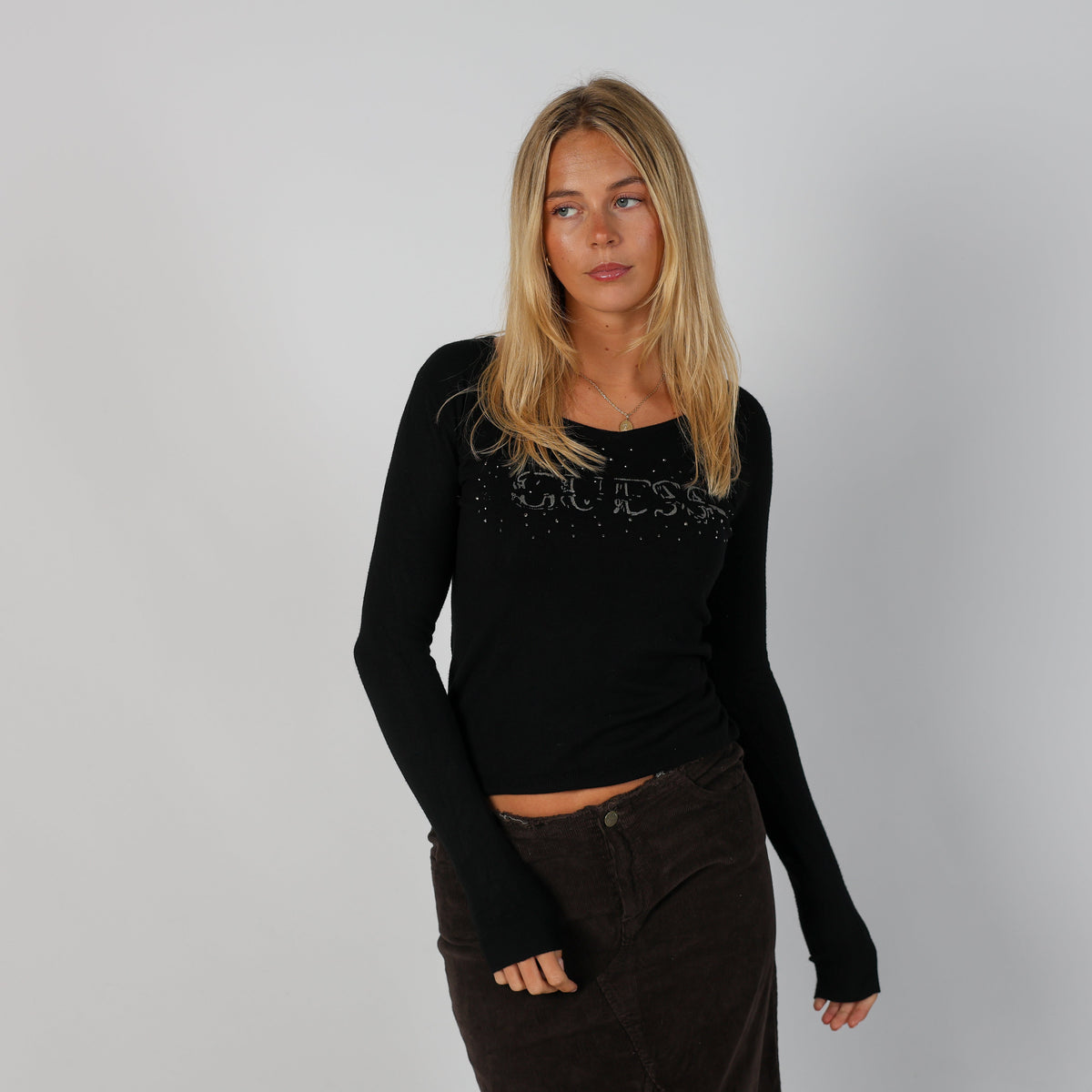 Black Y2K Guess Long Sleeve Top (S)