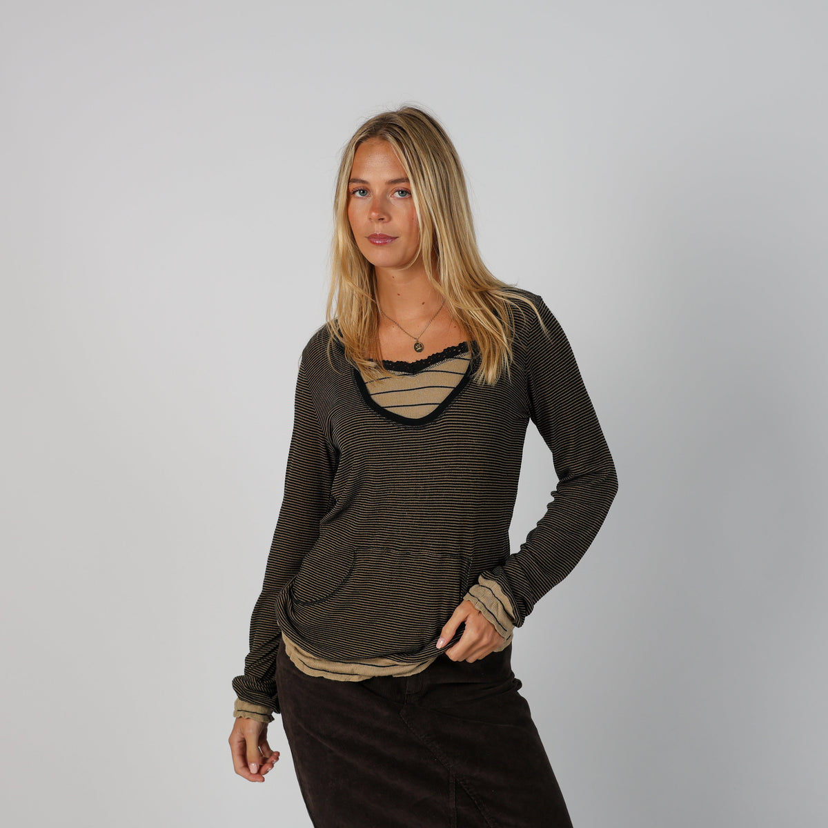 Beige Y2K Marlboro Classics Long Sleeve Top semi sheer (M)